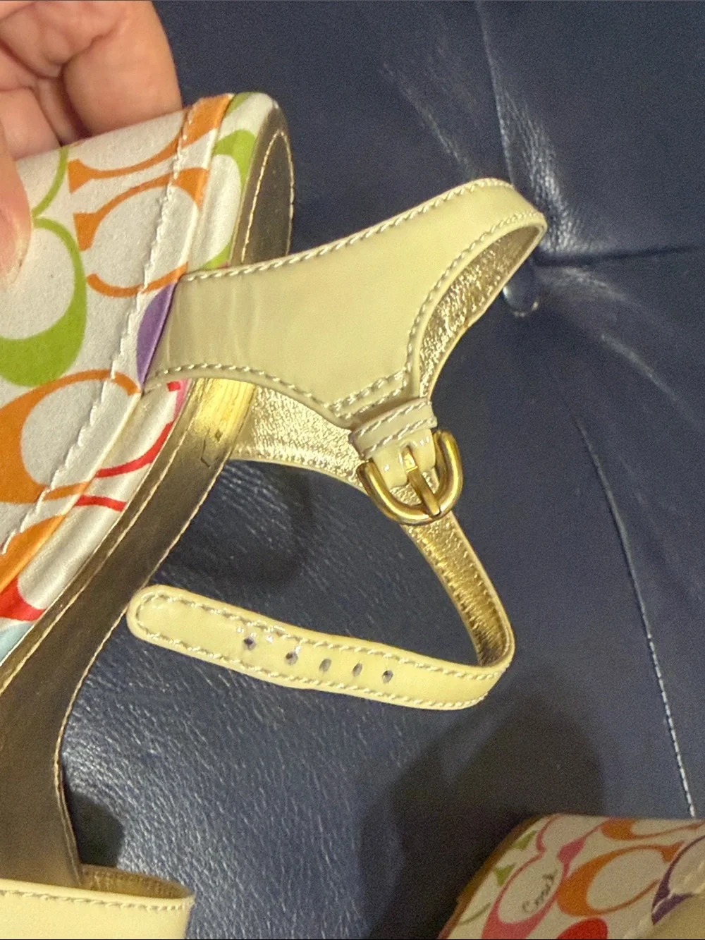 Coach Cream Patent Leather Slingback Sandals with Multicolor Insole